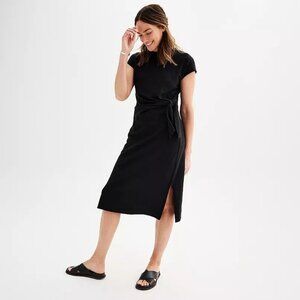 Sonoma Goods For Life Black Tie Waist Knit Dress XL Midi Pullover Short Sleeve
